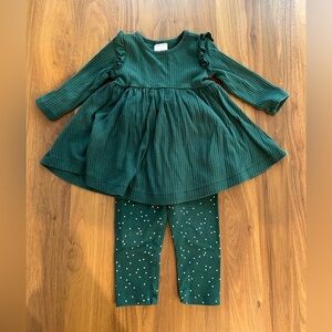 Hanna Andersson Forest Green Ruffled dress and leggings set 6-12 months